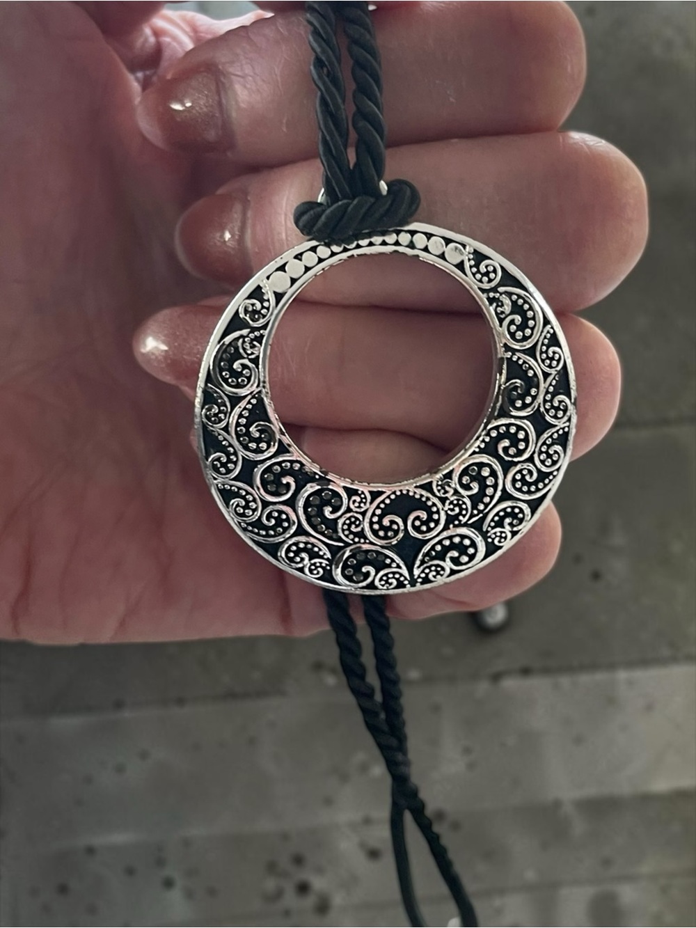 Paisley Scroll Open Circle Pendant Necklace on Black Cord
